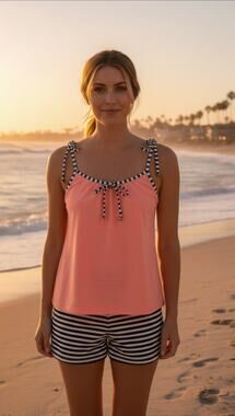 Women's Tankini Swimsuit Set Large Pink Blouson Top Navy White Stripe Boyshorts